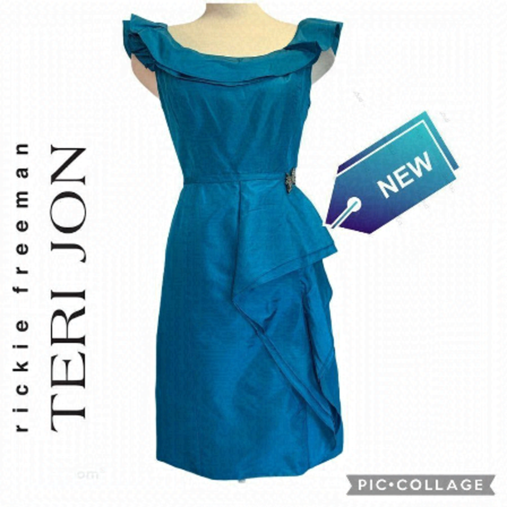 NWT Rickie Freeman For Teri Jon blue ruffle frill neck silk dress Sz 12 NWT